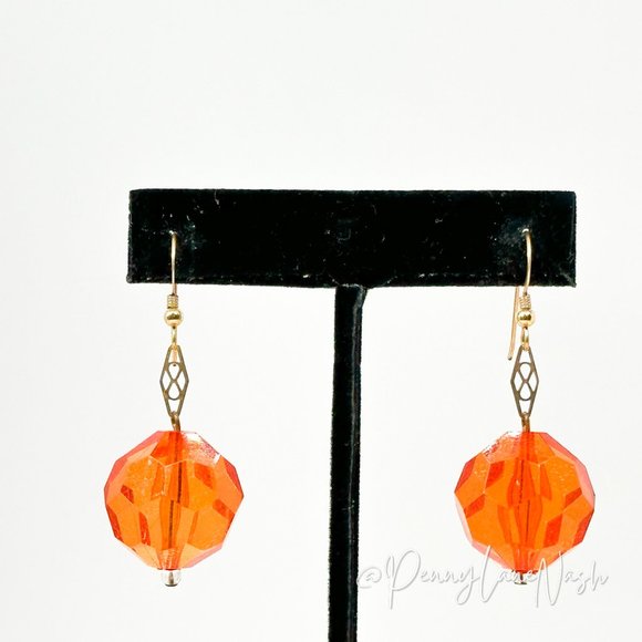 Vintage Jewelry - Vintage Single Sphere Orange Bead Dangle Hook Earrings
